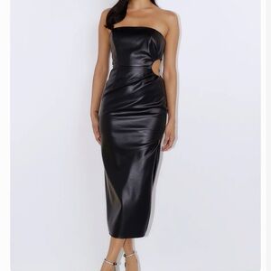 Hello Molly Strapless Black Faux-Leather Cutout Midi Dress